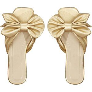 Women's Bow Gold Square Open Toe Breathable Slip On Slide Sandals Flat Shoes